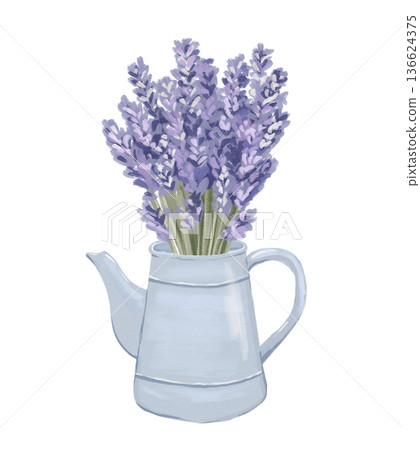 Watercolour lavender bouquet in rustic pot. Purple flower bunch with botanical elegance isolated on white background Watercolour lavender bouquet in rustic pot. Purple flower bunch with botanical elegance isolated on white background 136624375