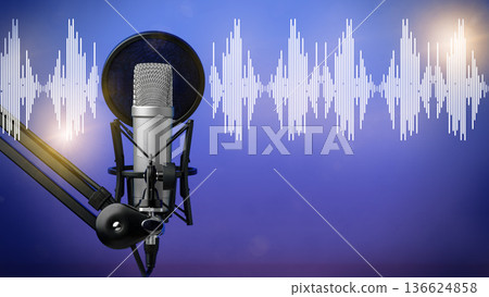 Podcast setup with microphone and audio waveform on blue background 136624858