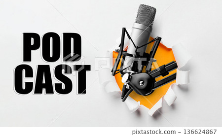 Podcast microphone breaking through a wall for creative sound Podcast microphone breaking through a wall for creative sound 136624867
