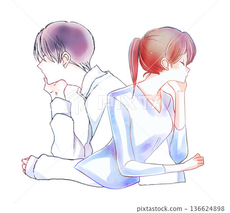 A man and a woman standing back to back, resting their chins on their hands A man and a woman standing back to back, resting their chins on their hands 136624898