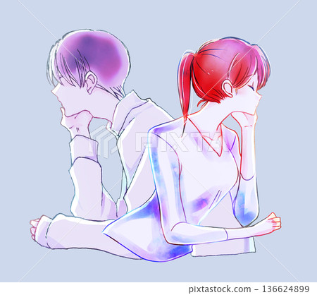 背對背的一男一女雙手托腮，背光而立 136624899