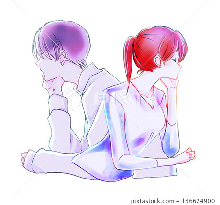 Back-to-back man and woman resting their chins on their hands, backlit Back-to-back man and woman resting their chins on their hands, backlit 136624900