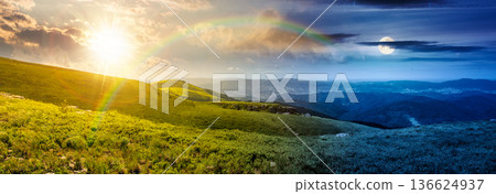 mountainous panorama of rolling hills. day and night time change concept. wonderful weather over the distant mountain range with sun and moon. epic view of alpine landscape during summer solstice mountainous panorama of rolling hills. day and night time change concept. wonderful weather over the distant mountain range with sun and moon. epic view of alpine landscape during summer solstice 136624937