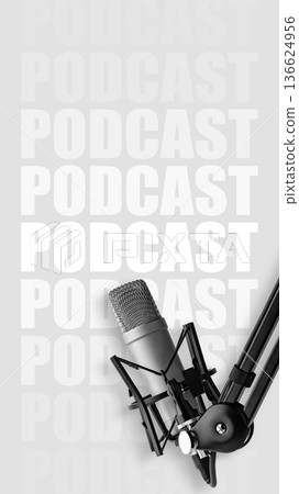 Podcast microphone setup in a modern studio with repeating podcast text in the background Podcast microphone setup in a modern studio with repeating podcast text in the background 136624956