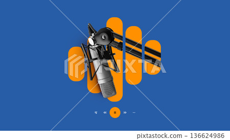 Podcast microphone with sound waves in blue and orange design 136624986