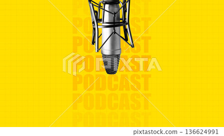 Microphone setup for a podcast recording on bright yellow background with repeated text 136624991