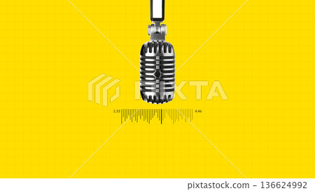 Discussion about various topics on a podcast with a microphone on a bright background 136624992