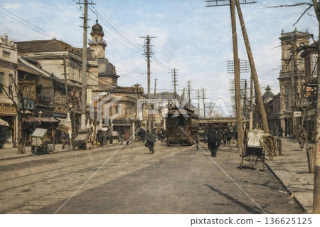 Old photo from 1907-1918, Ginza Chuo-dori, Tokyo, near Ginza 4-chome (black and white photo colorized using AI) 136625125