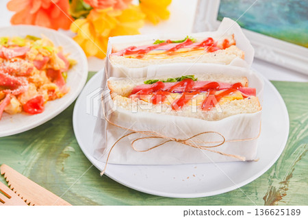 Bologna sausage ham and egg sandwich 136625189