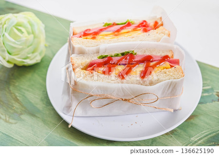 Bologna sausage ham and egg sandwich 136625190