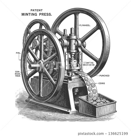 Minting Press Machine engraving sketch vector Minting Press Machine engraving sketch vector 136625199