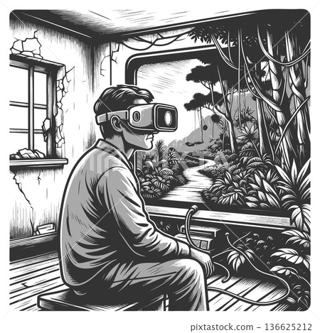Man VR headset escaping decayed reality illusion Man VR headset escaping decayed reality illusion 136625212