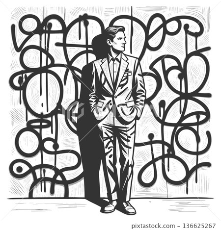 Stylish man in suit standing against graffiti wall 136625267