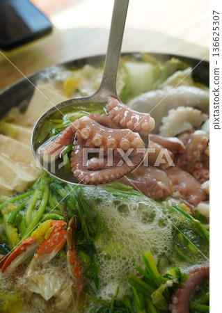 Korean Octopus Soup Yeonpo-tang with Fresh Octopus, Traditional Healthy Seafood Delicacy 136625307