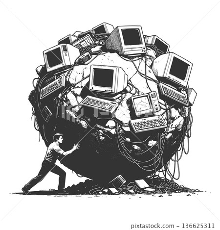 Modern Sisyphus Pushing Ball of Obsolete Tech Modern Sisyphus Pushing Ball of Obsolete Tech 136625311
