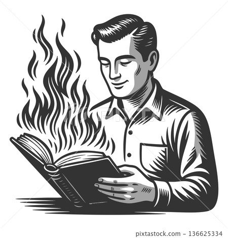 Man reading a flaming book powerful knowledge Man reading a flaming book powerful knowledge 136625334