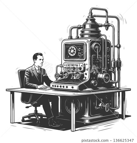 Man operating steampunk-style thinking machine Man operating steampunk-style thinking machine 136625347