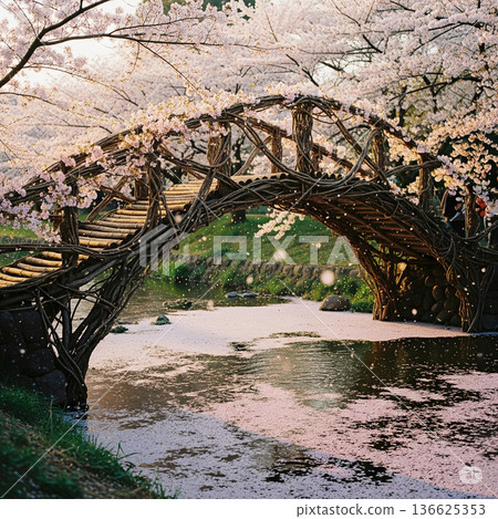 櫻花美景和一座木橋 136625353