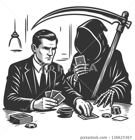 Man Playing Poker With Death in Surreal Scene 136625367