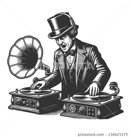 Vintage DJ Mixing Music with Gramophones vector Vintage DJ Mixing Music with Gramophones vector 136625375