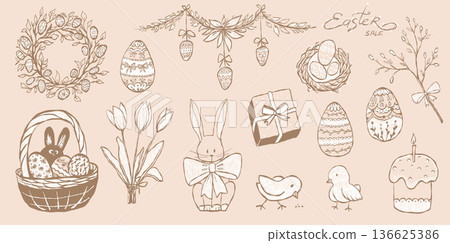 Whimsical vintage Easter vector set with rabbit, eggs, willow branches, and botanical decor Whimsical vintage Easter vector set with rabbit, eggs, willow branches, and botanical decor 136625386