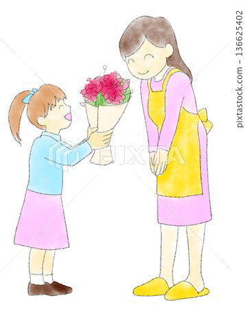 Girl giving bouquet to her mother Girl giving bouquet to her mother 136625402
