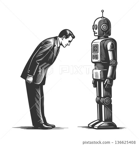 man greeting humanoid robot engraving vector man greeting humanoid robot engraving vector 136625408