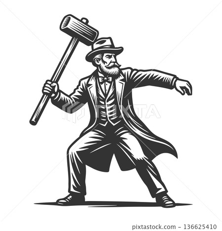 Man Wielding Large Wooden Mallet vector 136625410