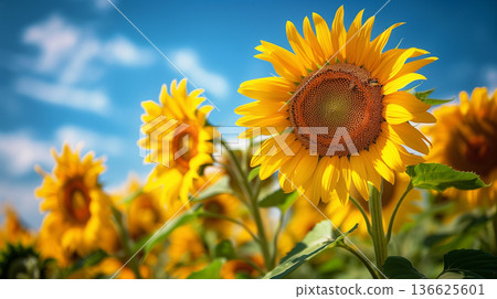 Sunflower field with cloudy blue sky. Sunflowers landscape 136625601