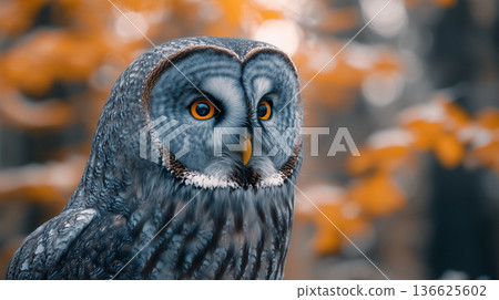 Owl looking at the camera. Beautiful owl with orange eyes. 136625602