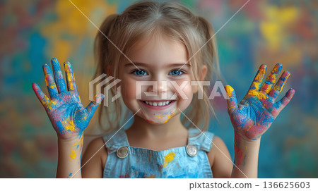 funny child girl draws laughing shows hands dirty with paint 136625603