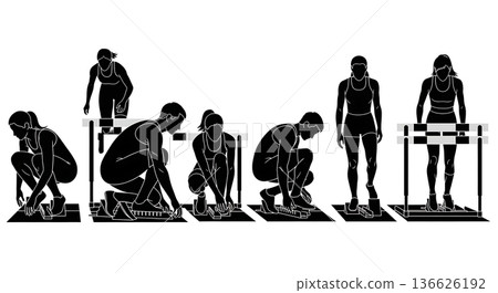 Black Solid Hurdle Observe Competitors Silhouettes Set of Six on White Background 136626192