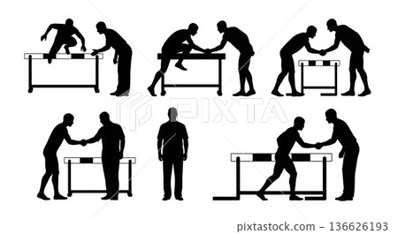 Black Solid Hurdle Official Handshake Silhouettes Set of Six on White Background Black Solid Hurdle Official Handshake Silhouettes Set of Six on White Background 136626193