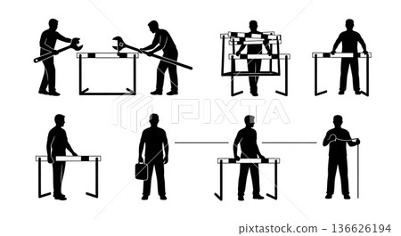 Black Solid Hurdle Official Setup Silhouettes Set of Six on White Background Black Solid Hurdle Official Setup Silhouettes Set of Six on White Background 136626194