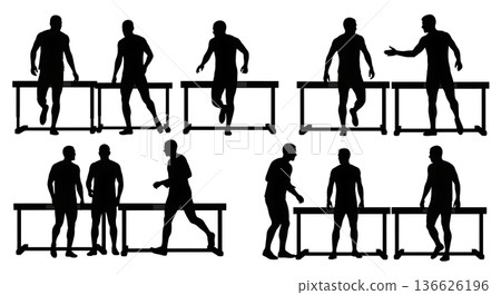 Black Solid Hurdle Partner Drill Silhouettes Set of Six on White Background 136626196