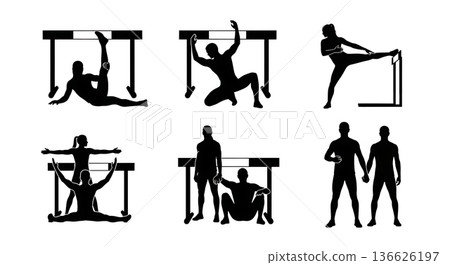 Black Solid Hurdle Partner Stretch Silhouettes Set of Six on White Background 136626197
