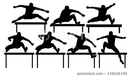 Black Solid Hurdle Photo Finish Silhouettes Set of Six on White Background Black Solid Hurdle Photo Finish Silhouettes Set of Six on White Background 136626199