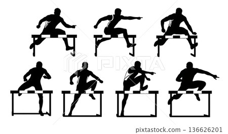 Black Solid Hurdle Point Demonstrate Silhouettes Set of Six on White Background Black Solid Hurdle Point Demonstrate Silhouettes Set of Six on White Background 136626201