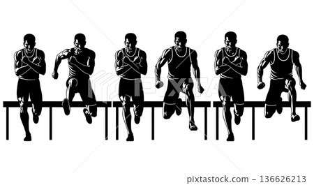 Black Solid Hurdle Serious Crossed Arms Silhouettes Set of Six on White Background 136626213