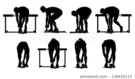 Black Solid Hurdle Setting Starting Blocks Silhouettes Set of Six on White Background 136626214