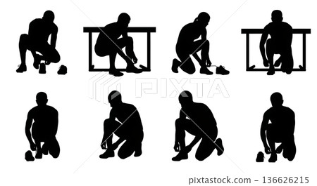 Black Solid Hurdle Shoe Preparation Silhouettes Set of Six on White Background 136626215