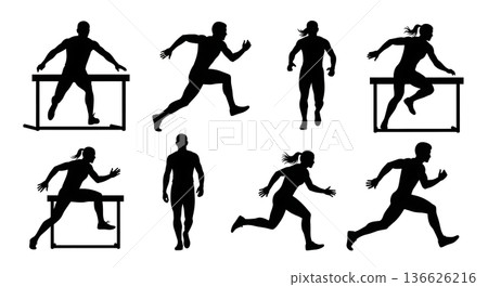 Black Solid Hurdle Shuttle Runs Silhouettes Set of Six on White Background Black Solid Hurdle Shuttle Runs Silhouettes Set of Six on White Background 136626216