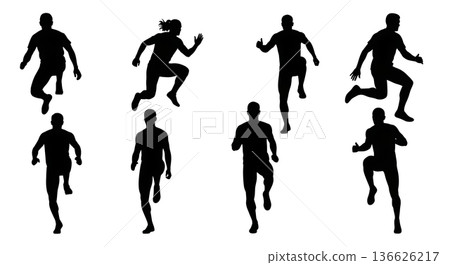 Black Solid Hurdle Skipping High Knees Silhouettes Set of Six on White Background 136626217