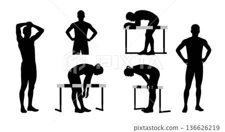 Black Solid Hurdle Solitary Contemplation Silhouettes Set of Six on White Background 136626219