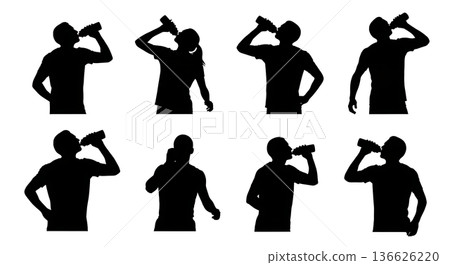 Black Solid Hurdle Sports Bottle Hydration Silhouettes Set of Six on White Background 136626220