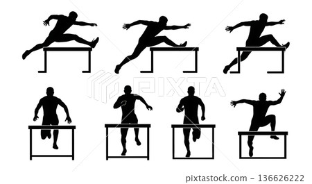Black Solid Hurdle Sprint Technique Silhouettes Set of Six on White Background 136626222