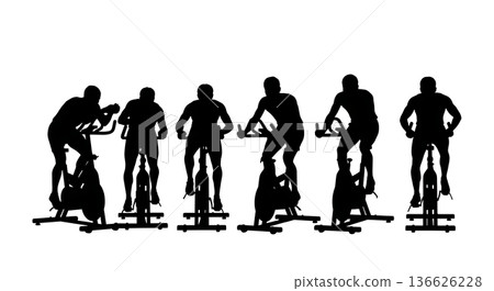 Black Solid Hurdle Stationary Bike Cardio Silhouettes Set of Six on White Background Black Solid Hurdle Stationary Bike Cardio Silhouettes Set of Six on White Background 136626228