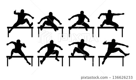 Black Solid Hurdle Thumbs-Up Confidence Silhouettes Set of Six on White Background Black Solid Hurdle Thumbs-Up Confidence Silhouettes Set of Six on White Background 136626233