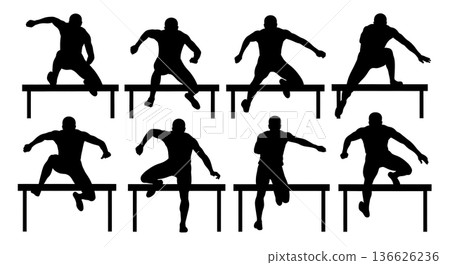 Black Solid Hurdle Track Gaze Focus Silhouettes Set of Six on White Background 136626236