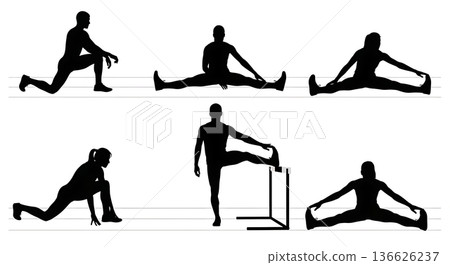 Black Solid Hurdle Track Lane Stretching Silhouettes Set of Six on White Background Black Solid Hurdle Track Lane Stretching Silhouettes Set of Six on White Background 136626237